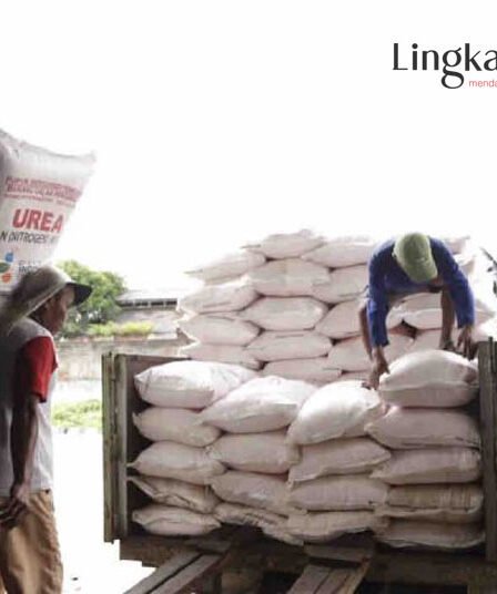 Seorang pria mengangkut pupuk subsidi jenis urea